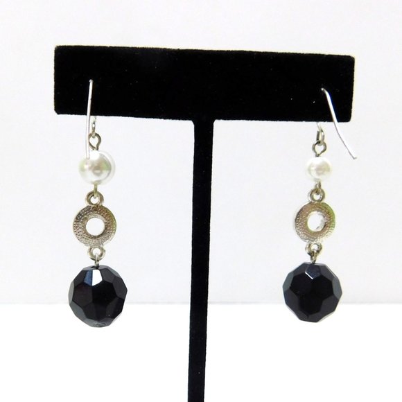 Drop Dangle Faux Pearl Black Faceted Bead Rhinestones Womens Earrings Fish Hook - Picture 6 of 7